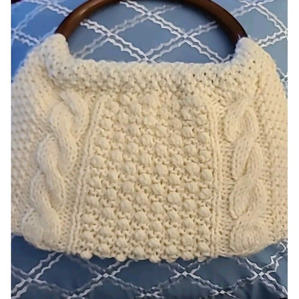 Vintage*Retro Y2k Cable Knit Handbag Hand made*Beige Acrylic Brown Handles BOHO